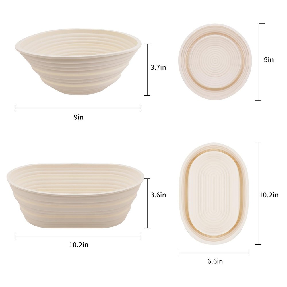 2Pcs Silicone Banneton Bread Proofing Baskets, 10" Oval & 9" Round Foldable N...