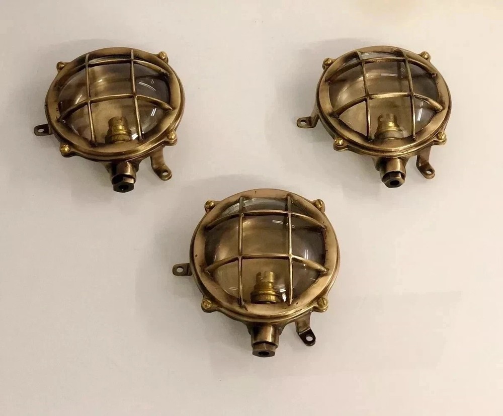 Nautical Marine Solid Brass Small Ship Bulkhead Wall Deck Antique Light 3 Pcs