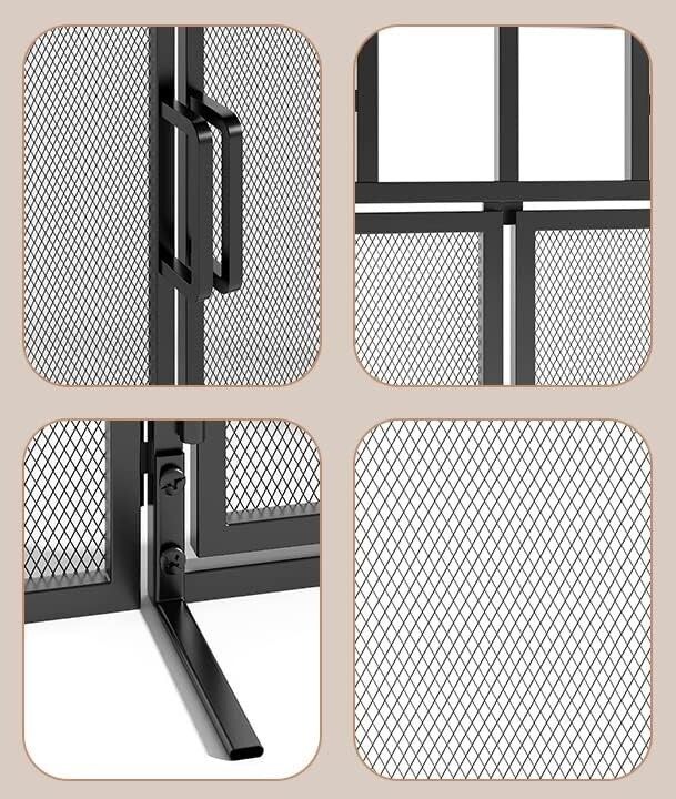 3-Panel Folding Fireplace Screen with Magnetic Hinged Doors, Solid Wrought Ir...