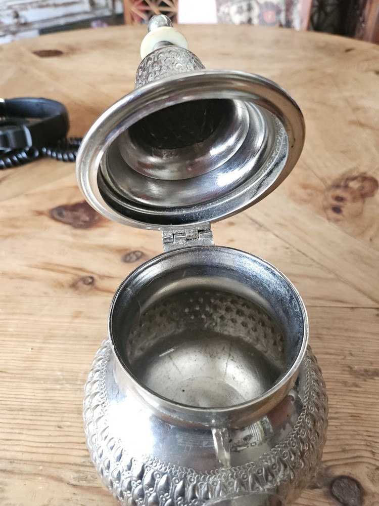 Antique Middle Eastern Moroccan Silver Plated Tea Coffee Pot Signed
