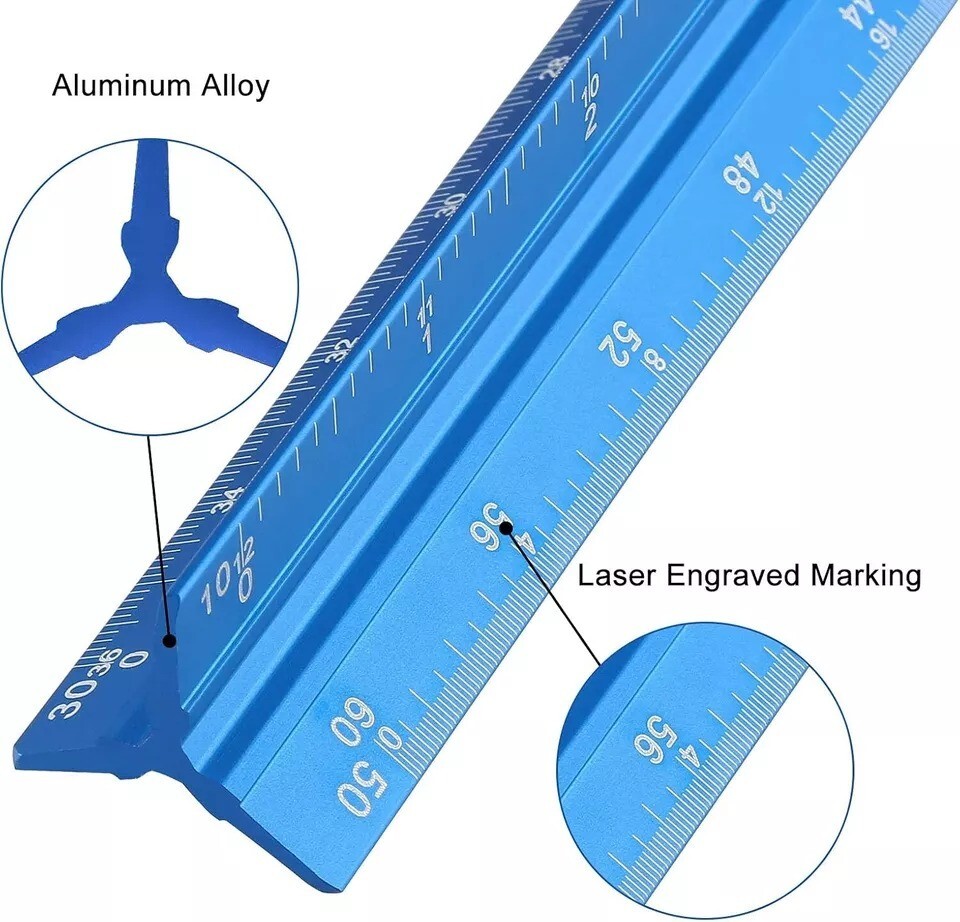 Engineer Scale Ruler 12 Inch Aluminum Laser-Etched Triangular Drafting Tool Blue