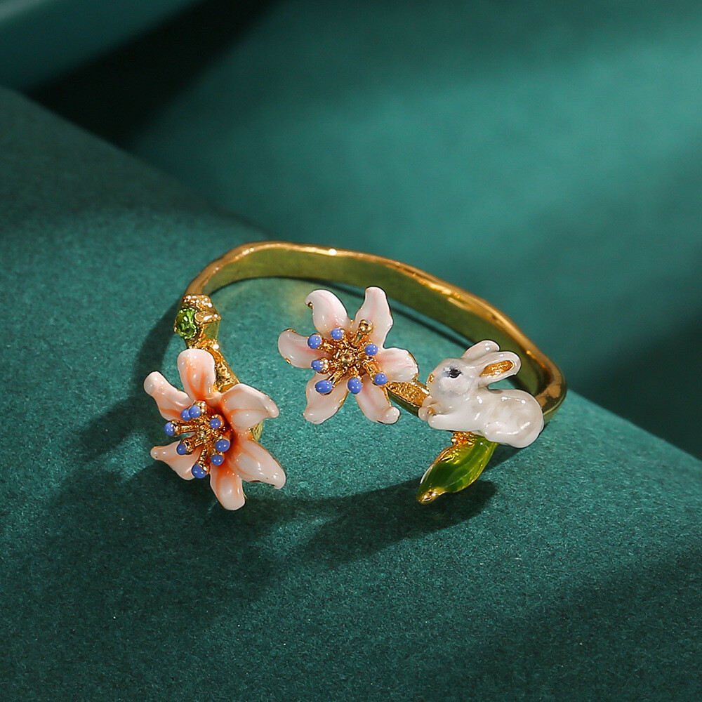 Original Design Enamel Flower Rabbit Bunny Ring Size Adjustable