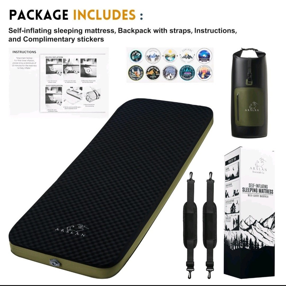 Arslan Essentials Self-Inflating Sleeping Pad 4" with Backpack. New OPEN BOX