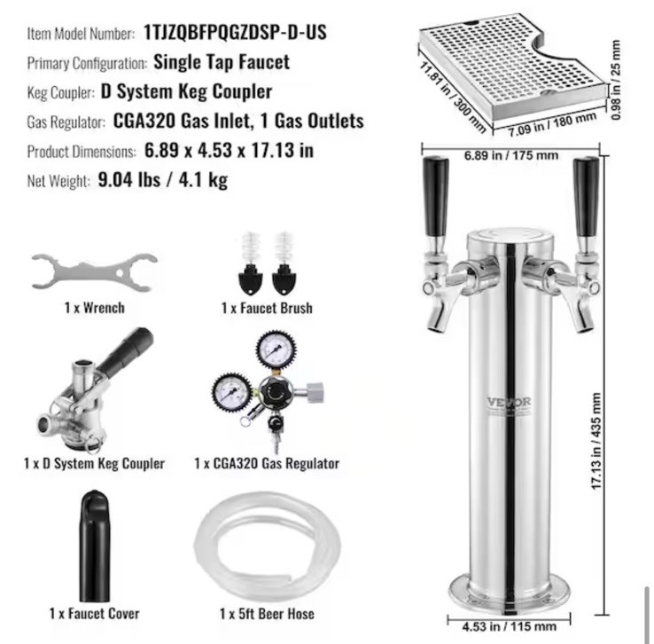 VEVOR Kegerator Tower Kit Single Tap Beer Conversion Kit with Beer Drip Tray