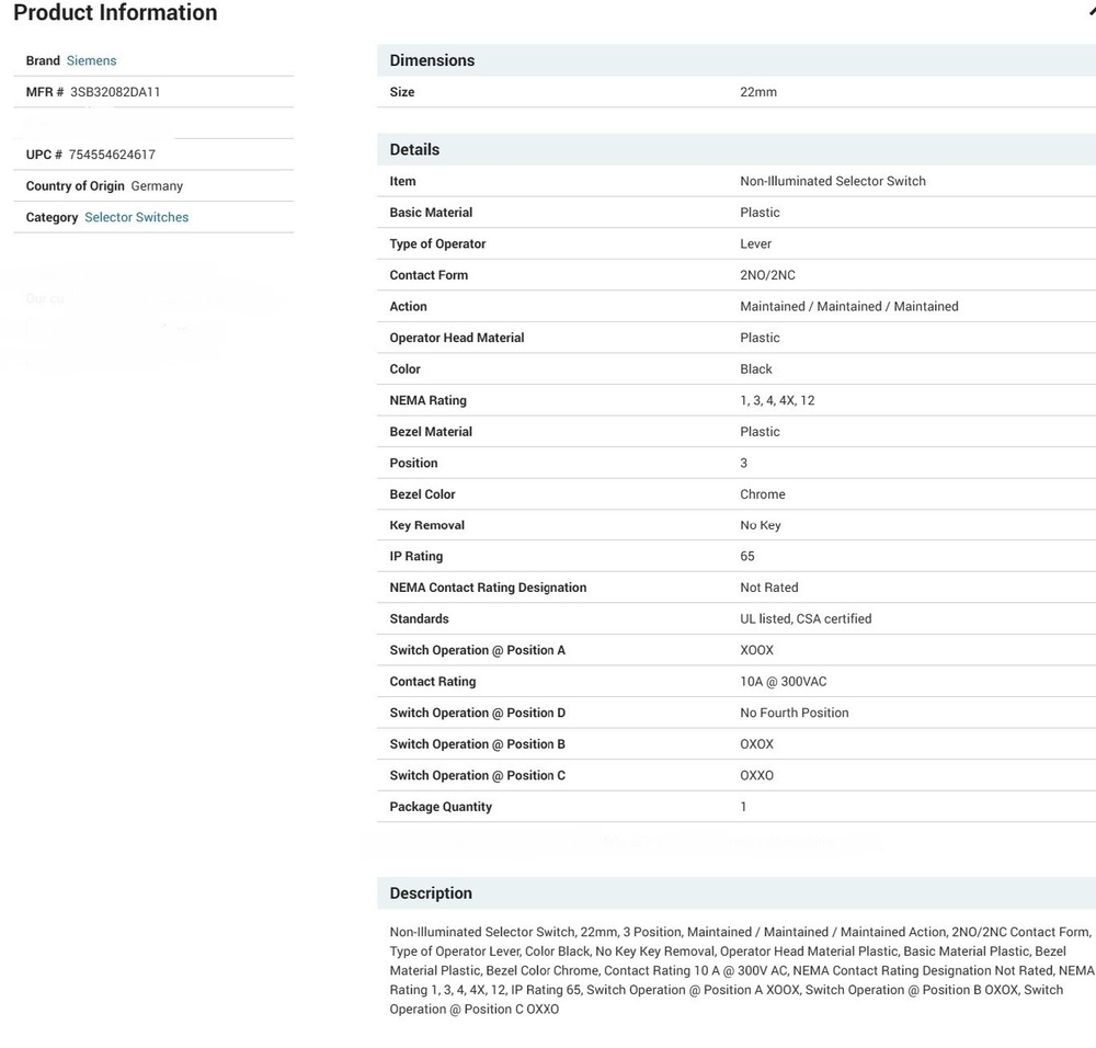 Siemens 22MM 3 Position Maintained Selector Switch Plastic Round NEW [B6B1]