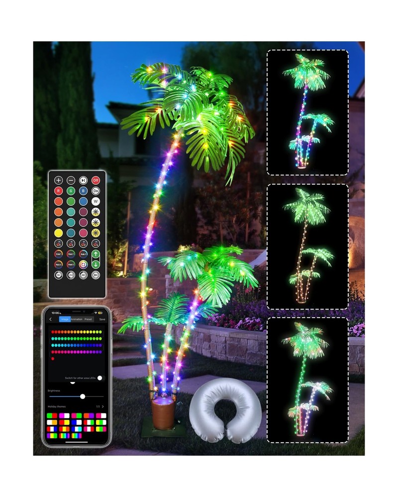 7FT Smart Lighted Palm Tree, DIY Color Changing LED Artificial Palm Tree 3 Tr...