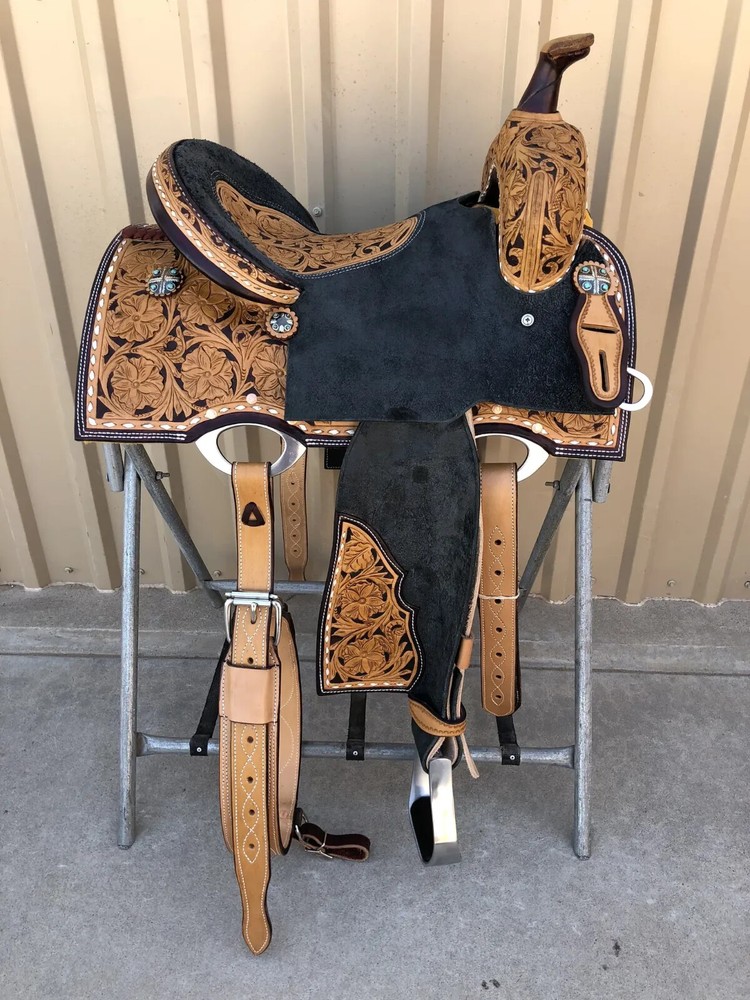 Western Two Tone Leather Hand Carved Ranch Roper Saddle