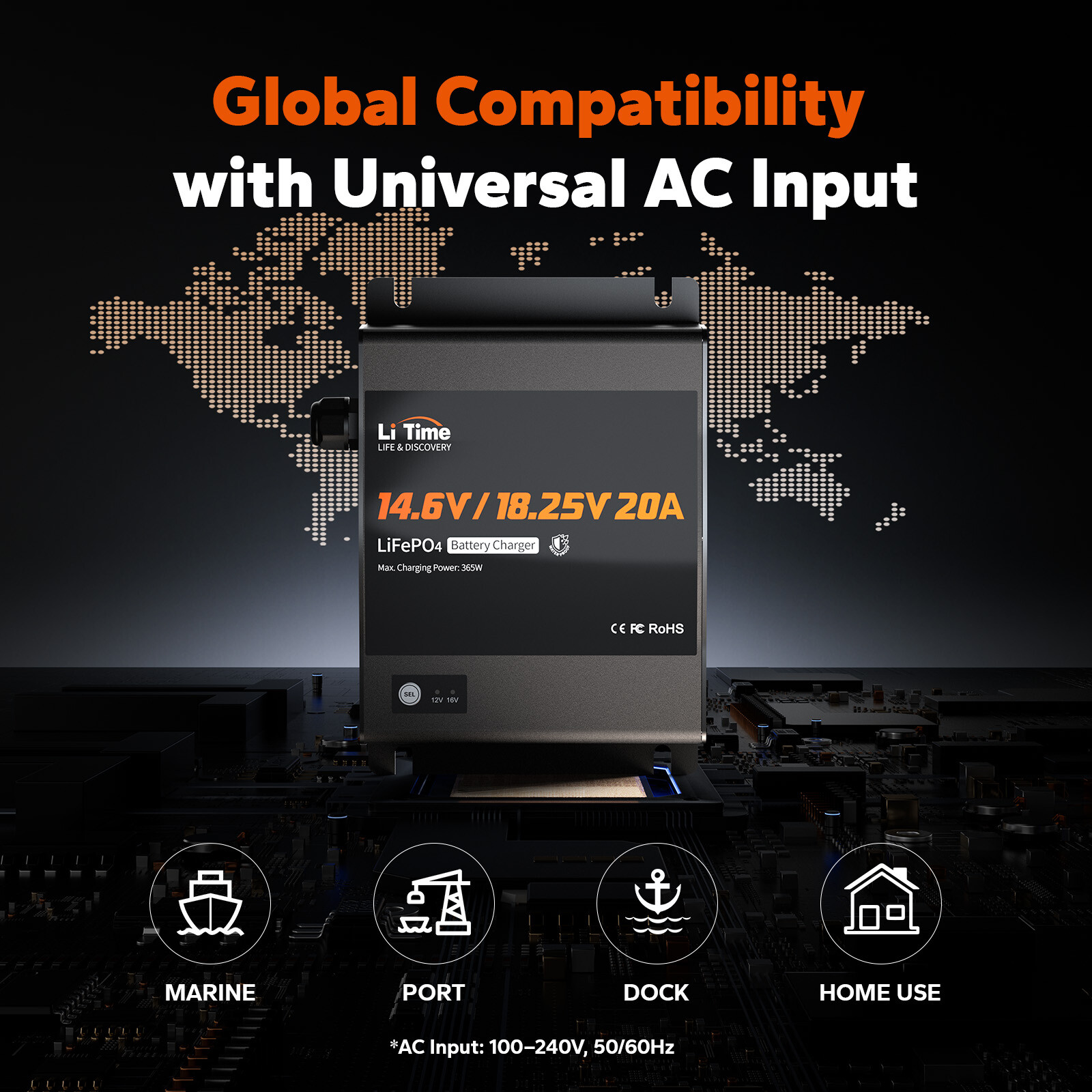 LiTime 14.6V+18.25V 20A Dual Bank Lithium Charger for 12V 16V LiFePO4 Battery