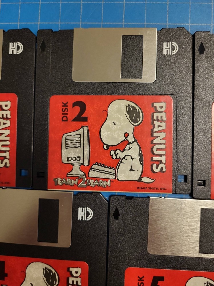 Peanuts Yearn 2 Learn Floppy Disk Set Disks 1 2 3 4 5 Vintage Computer Game