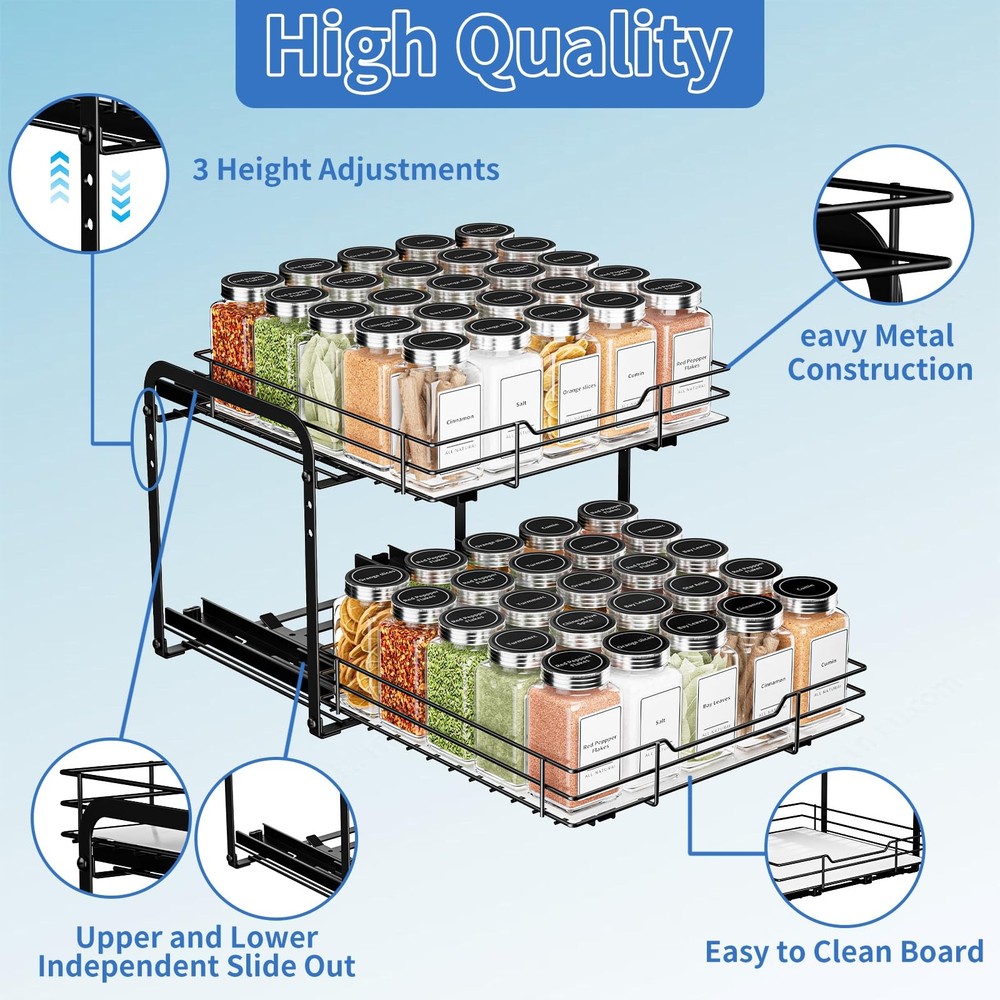 2-Tier Spice Rack Organizer, Pull Out Spice Rack for Cabinet, Height Adjustab...