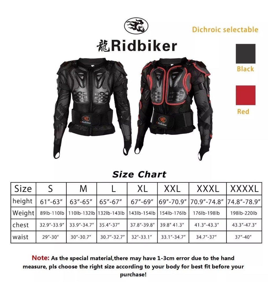 Ridbiker Motorcycle Full Body Armor Protector Removable Racing Jacket Size M
