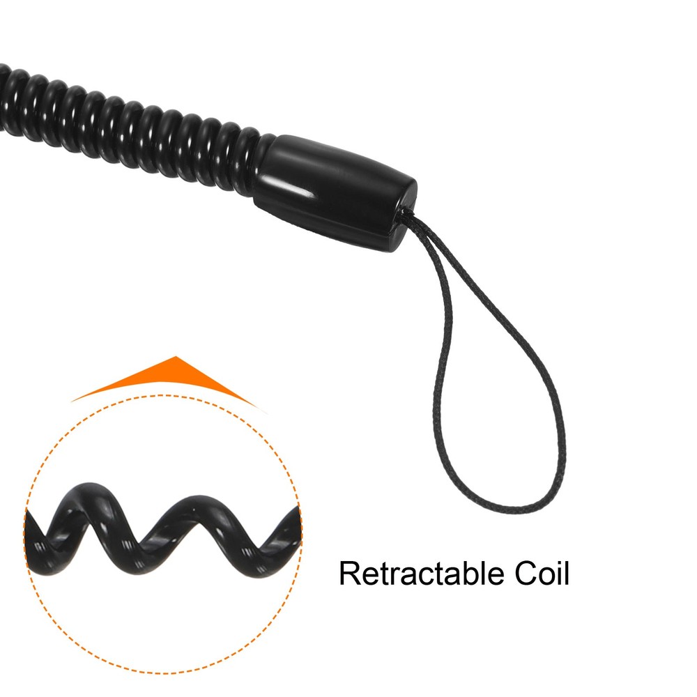 5 Pcs 8" Plastic Retractable Spring Coil Strap Key Holder Lanyard Black