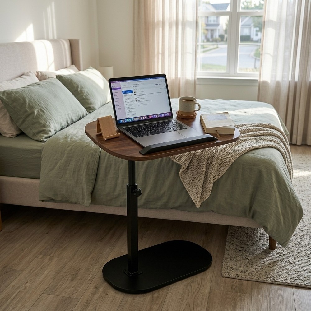 Swivel Walnut C-Shaped Side Table Height Adjustable End Table for Sofa with Slot