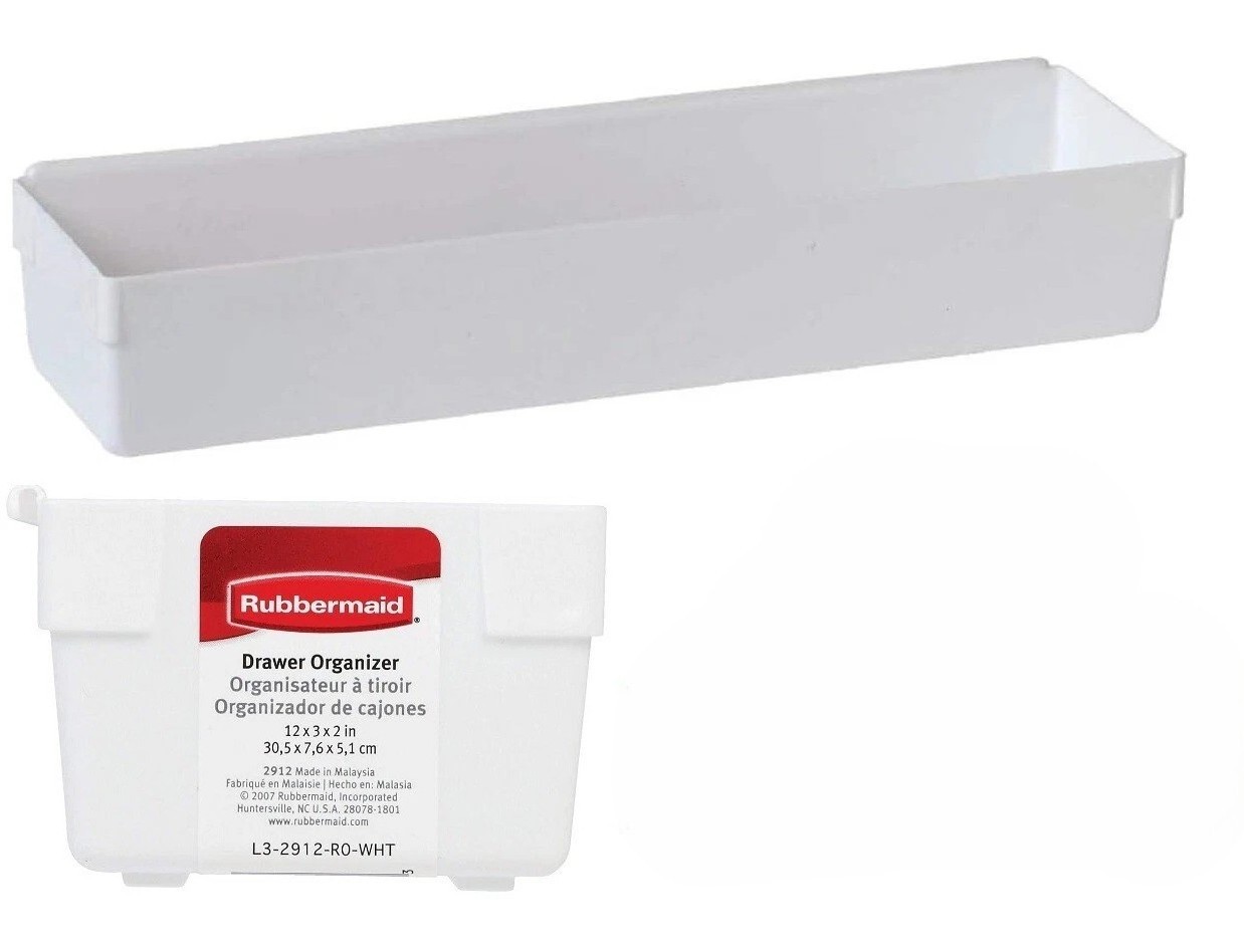 Rubbermaid 2912 Drawer Organizer 12x3x2 White Plastic Rectangular Tray Bins New