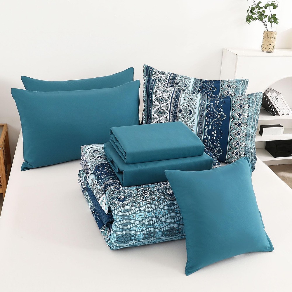 Cottolester Boho Comforter Set King Size 8 Pieces, Teal Blue King,