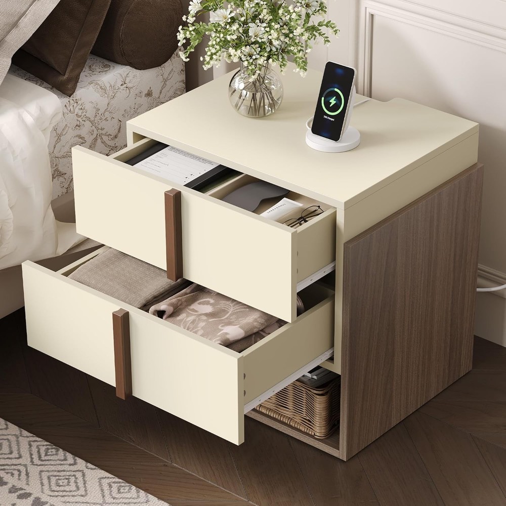 Walnut 2 Drawers Modern Nightstand with Charging Station, 20” MCM Bedside Table