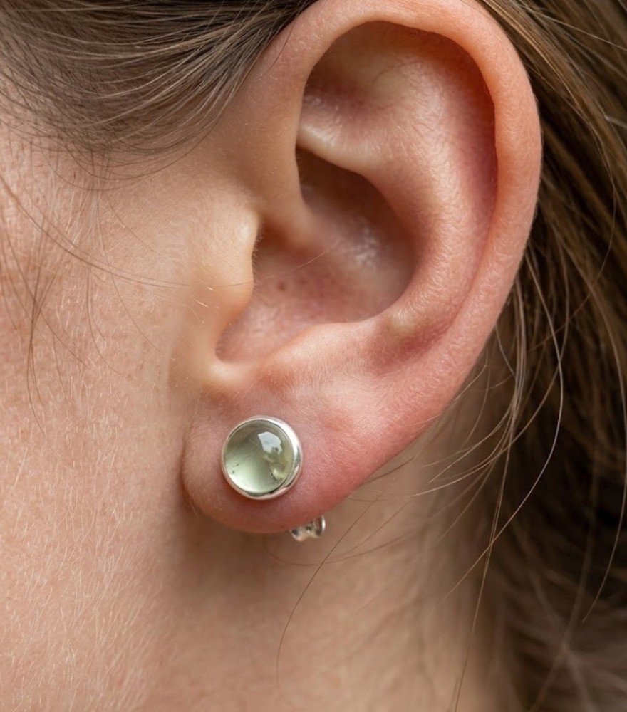 925 Solid Sterling Silver Green Prehnite Round Stud Earring