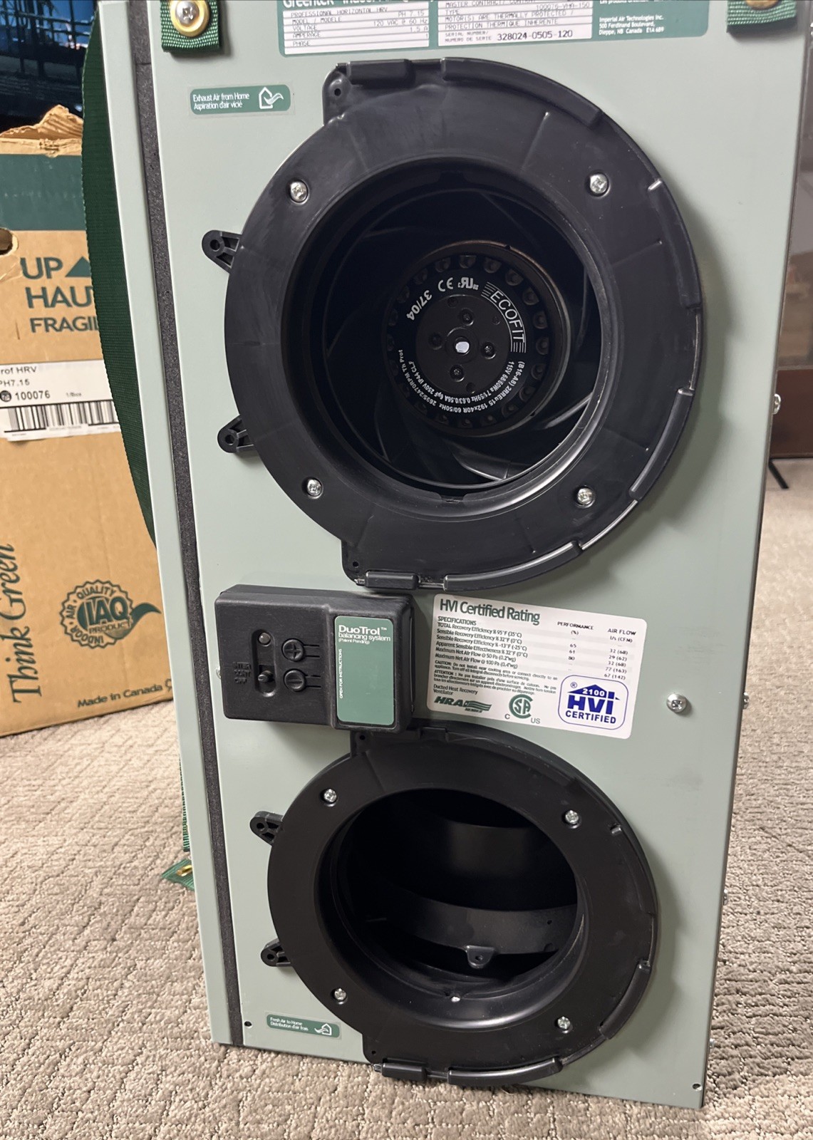 Professional Heat Recovery Ventilator Ducted Greentek Horizontal PH7.15 New HVI