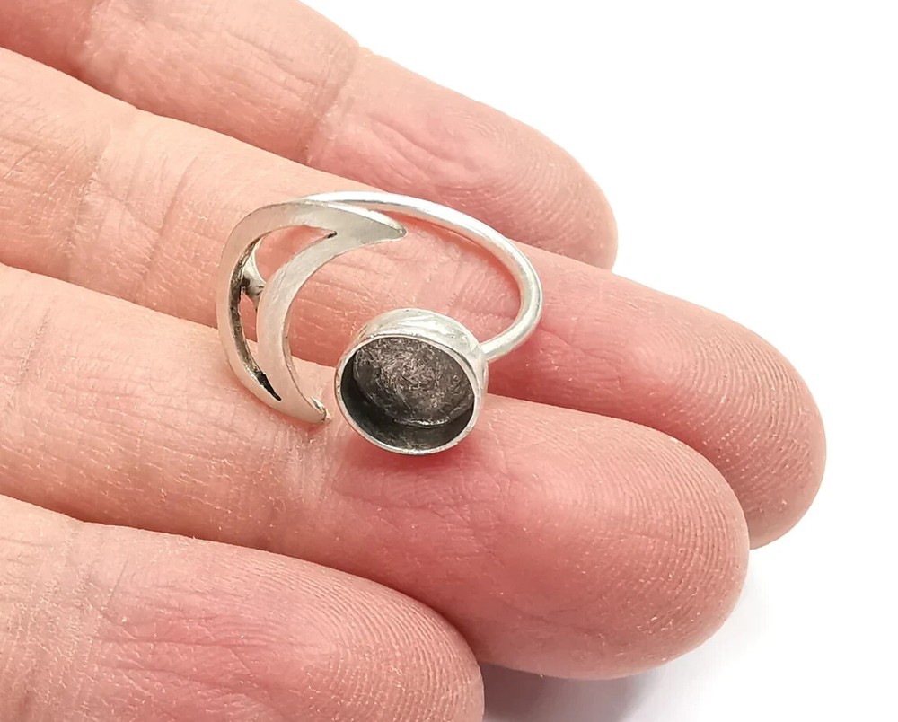 Crescent Moon Silver Ring Blank Base Bezel Settings Cabochon Mountings