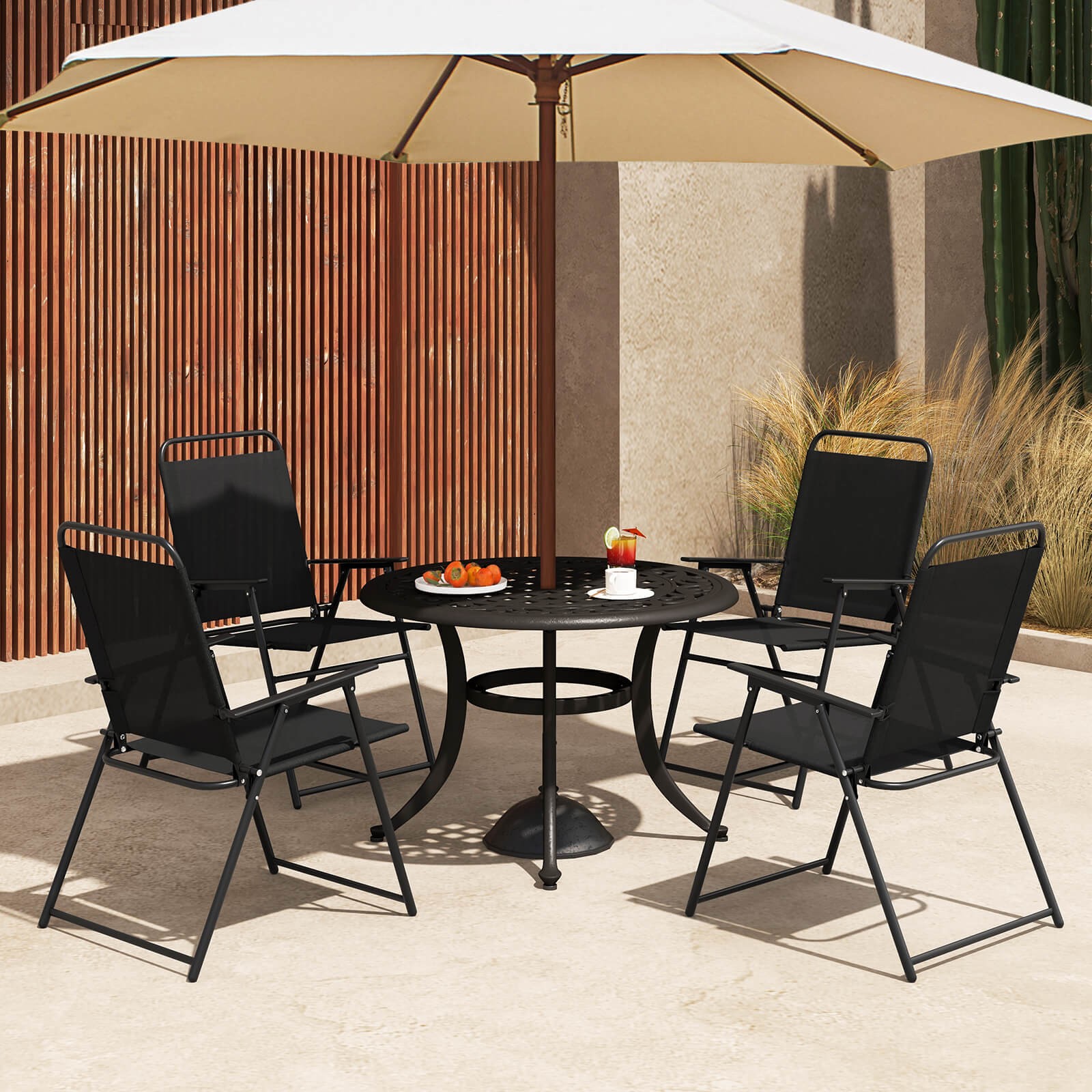 4pcs Patio Folding Sling Chairs Outdoor Dining Armrest Backrest Portable