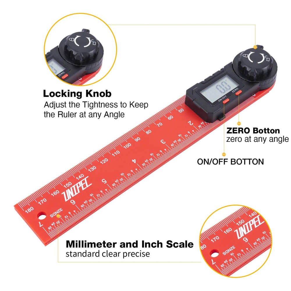 Digital Angle Finder Protractor, 7" / 200 mm Measuring Tool with Red