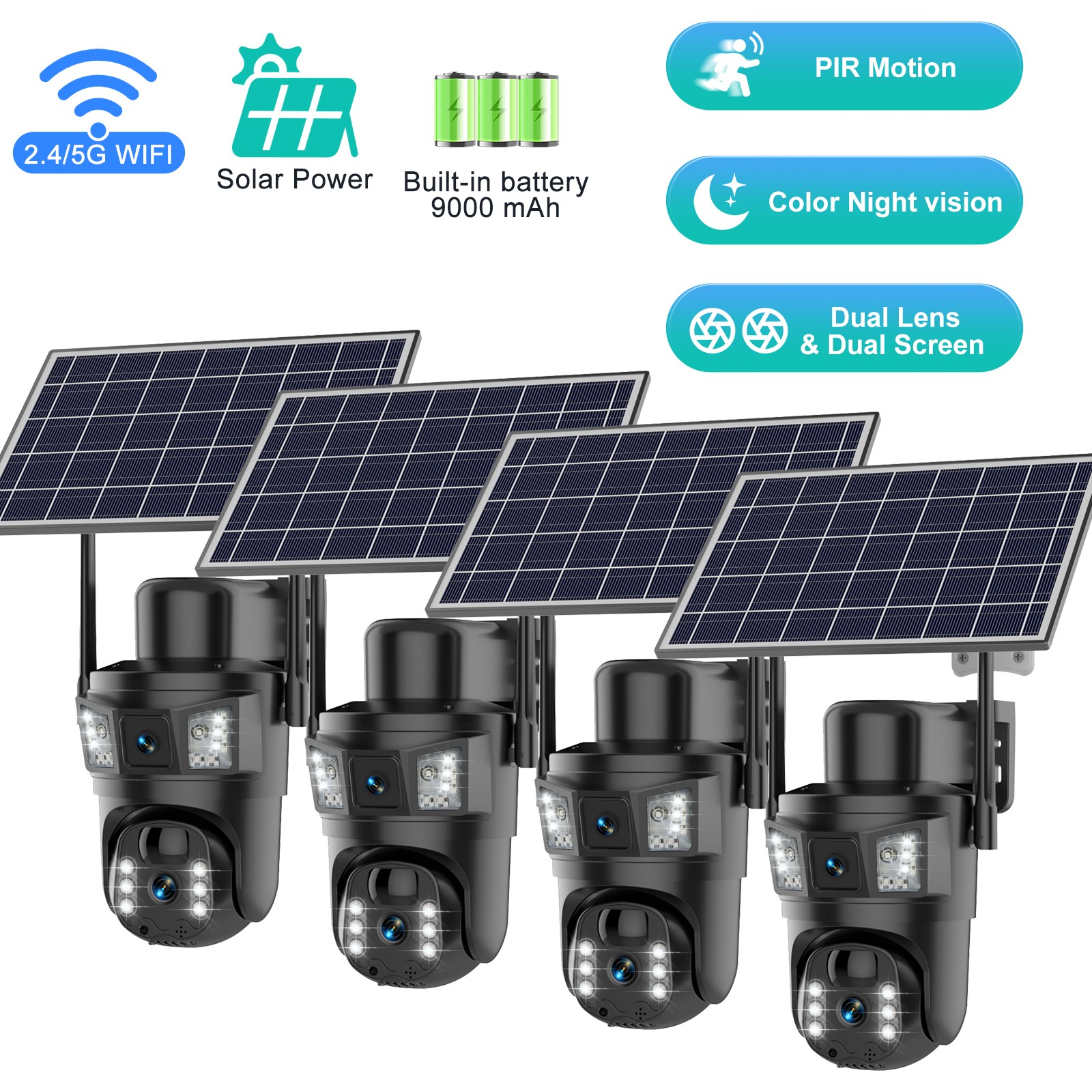 4PCS Solar Battery Powered Wireless WiFi Outdoor Pan/Tilt Home Security Camera