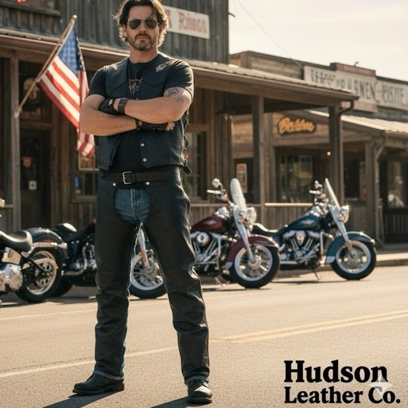 Hudson Leather Black Leather Motorcycle Chaps Sz. L