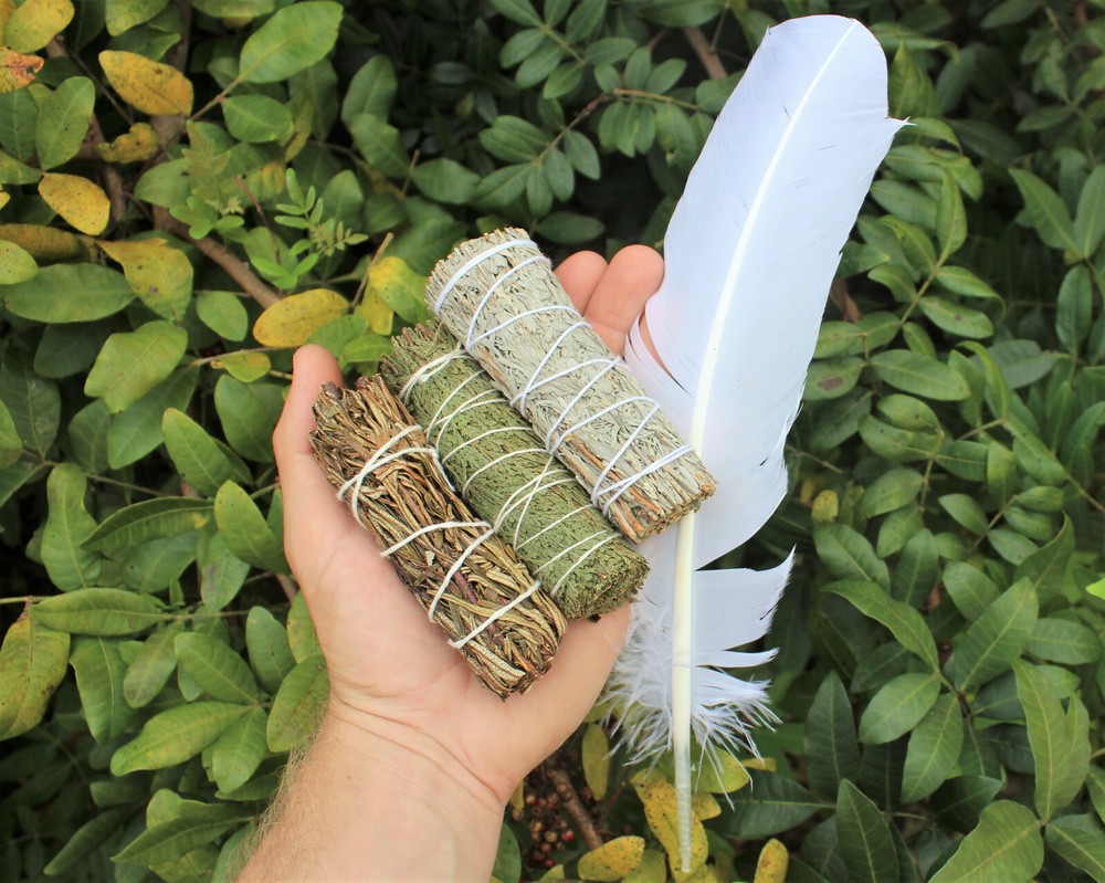 SAGE SMUDGE STICKS: BLUE, CEDAR & YERBA SAMPLER 3 PACK & WHITE FEATHER SMUDGING