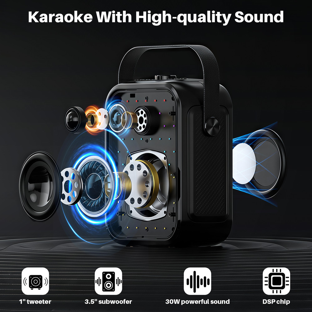 Portable Bluetooth Speaker with 2 Wireless Karaoke Microphones
