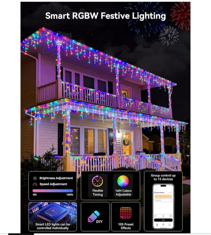Smartdawn smart outdoor icicle lights 33ft 304 led color changing programable