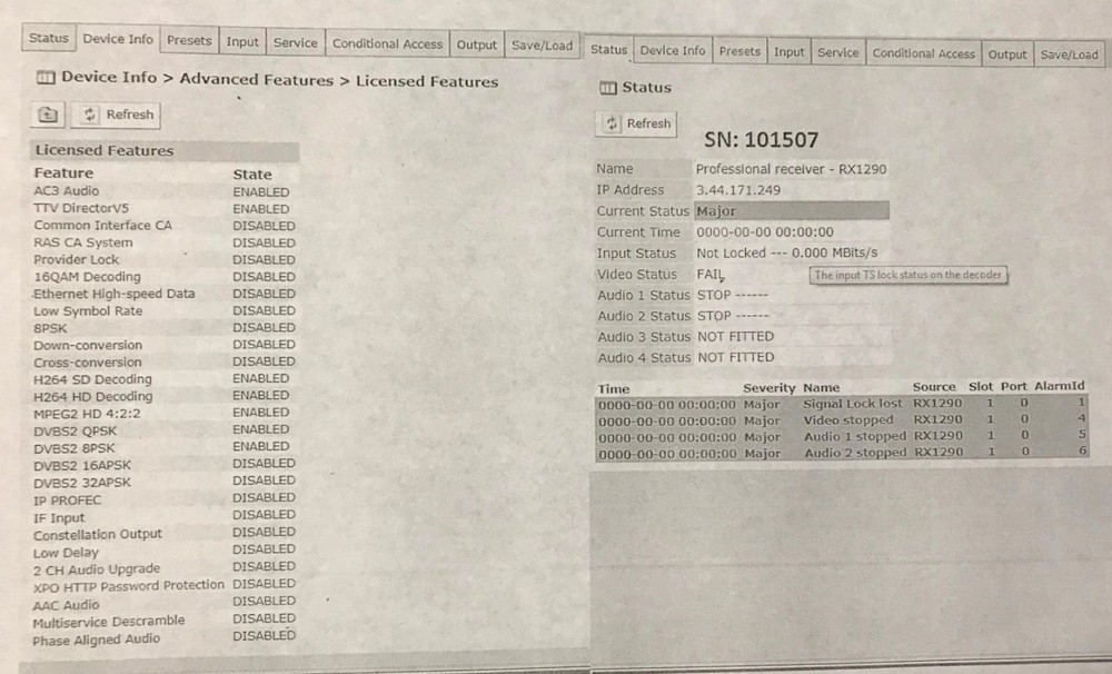 Tandberg Multi-format RX1290 Receiver Decoder 7 Licenses enabled S/N:101507