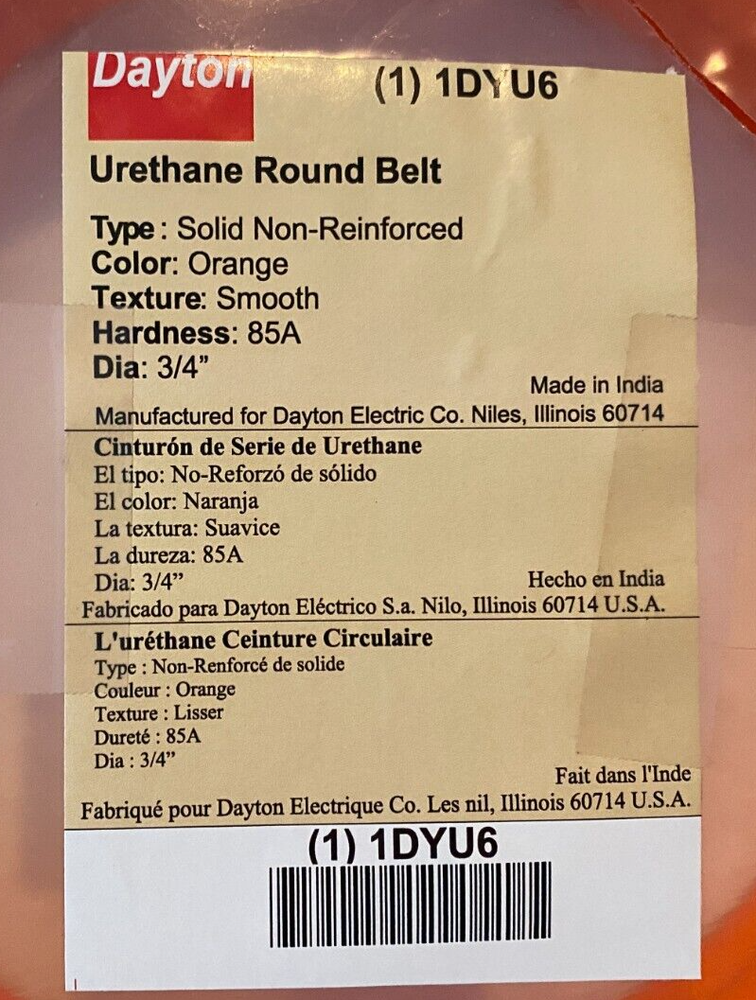 DAYTON 3/4" x 50' Urethane Round Belt - Solid Core - Smooth - Orange - 85A -