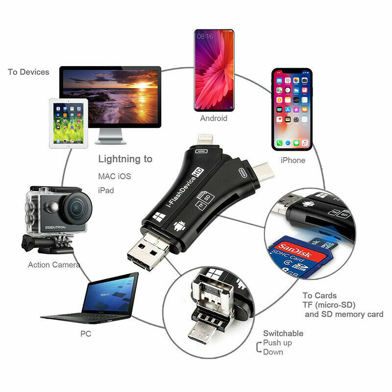 4in1 USB i-Flash Drive Micro SD TF Memory Card Reader Adapter For iPhone Samsung