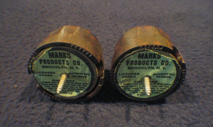 Antique Early Eletrical Brown Bakelite Round Surface Mount Outlet - Marks