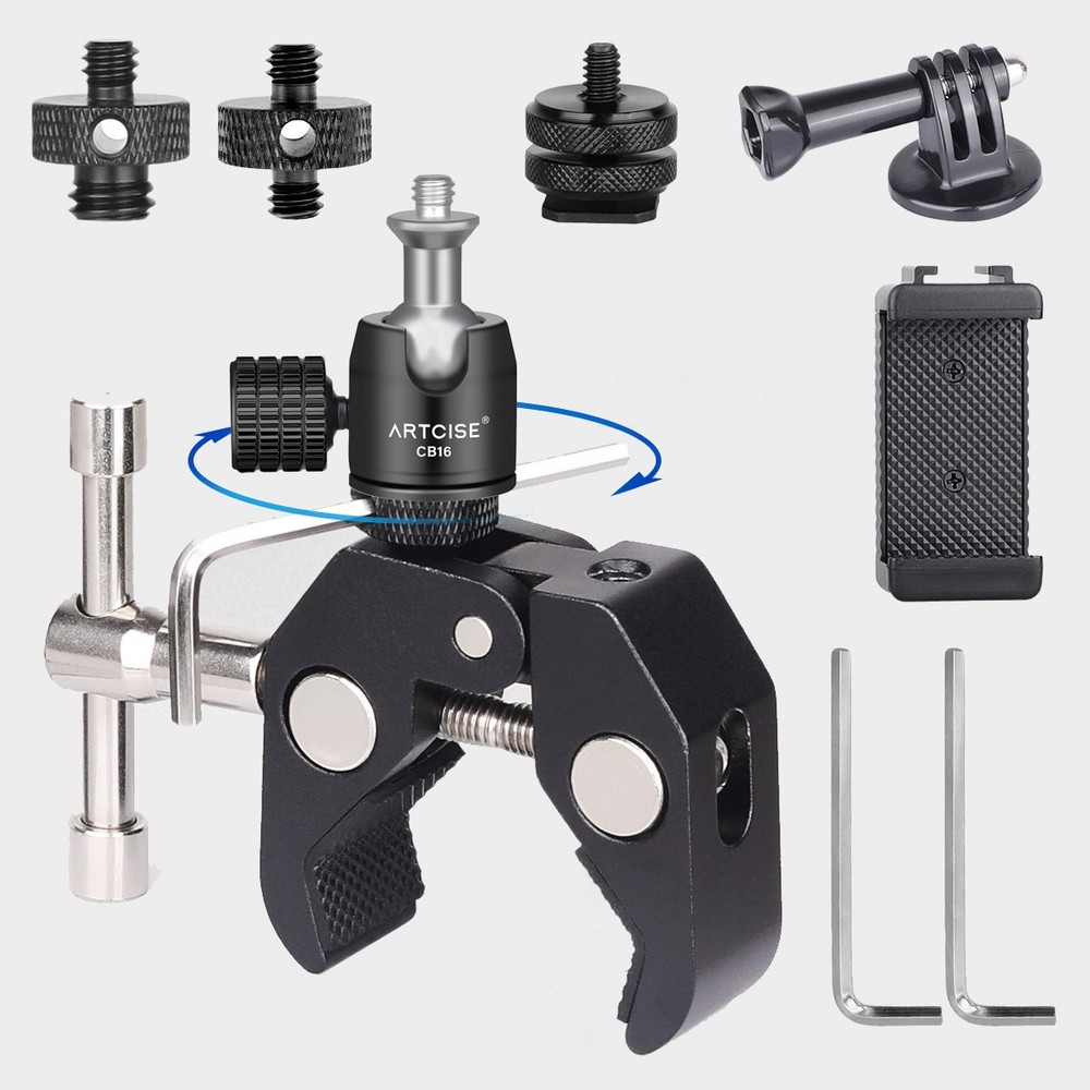 Super Clamp with Ballhead, Camera Mount Clamp, Quick Release Adapter
