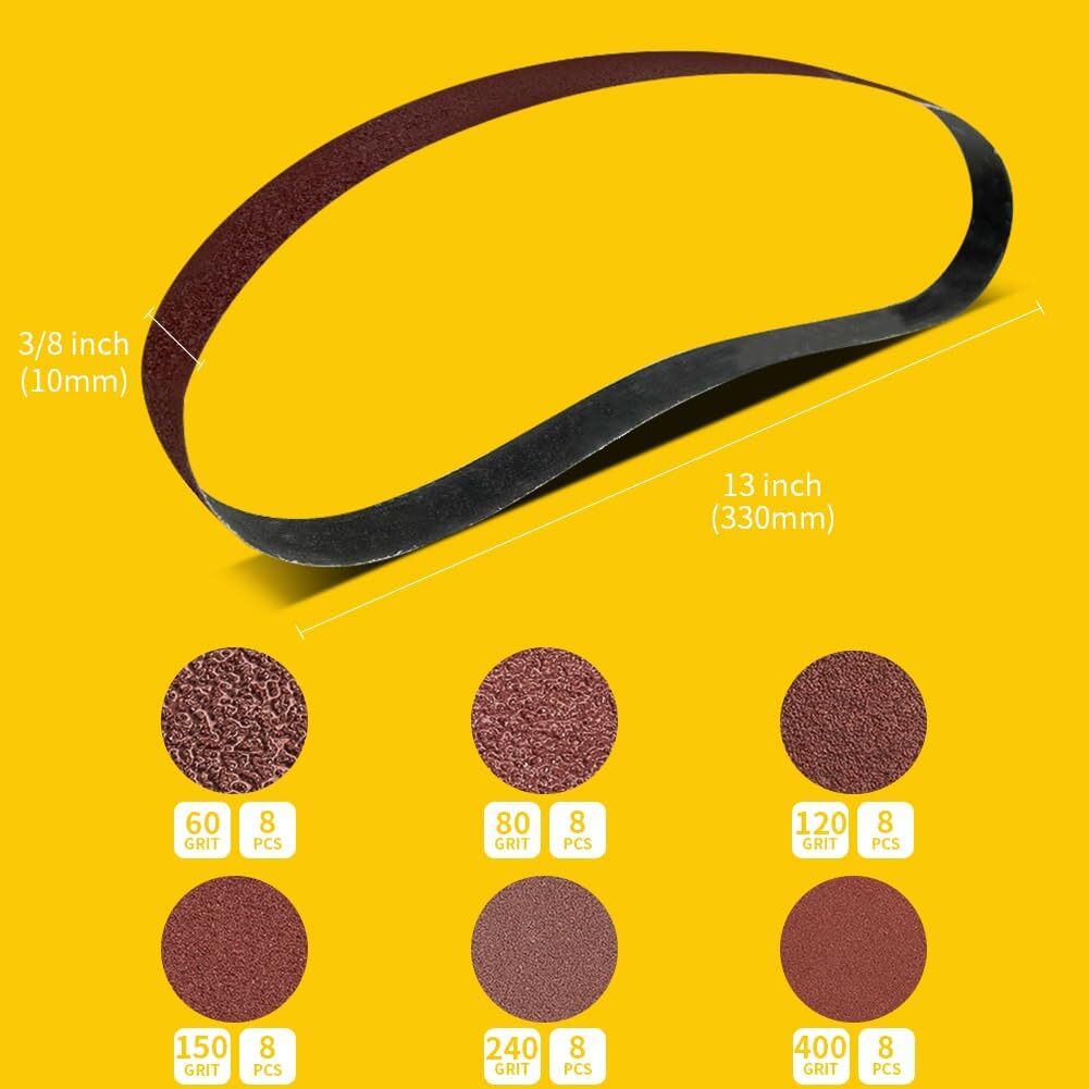 48 Pcs 3/8 X 13 Inch Sanding Belts, Aluminum Oxide Abrasive File Belts for 3/8 I