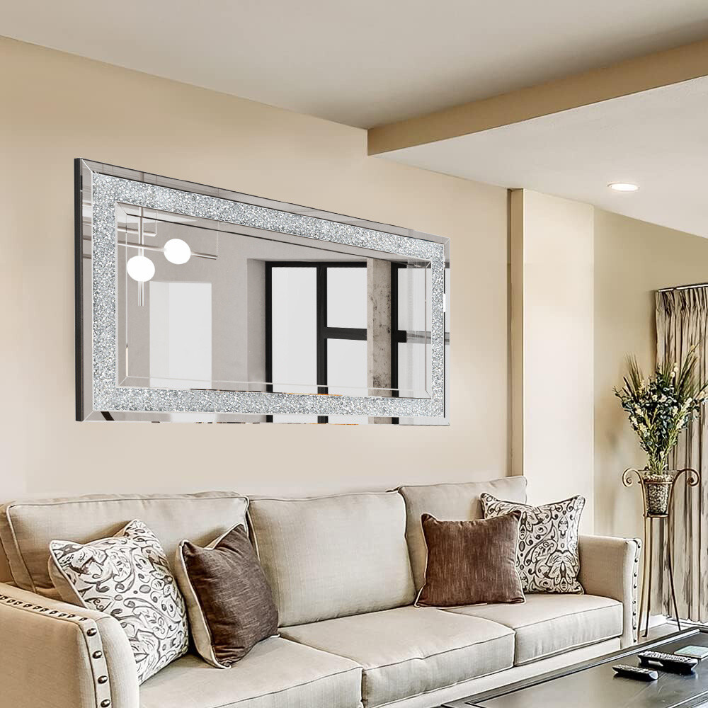 Crystal Crush Diamond Rectangle Silver Mirror for Wall Decor HD Frameless Mirror