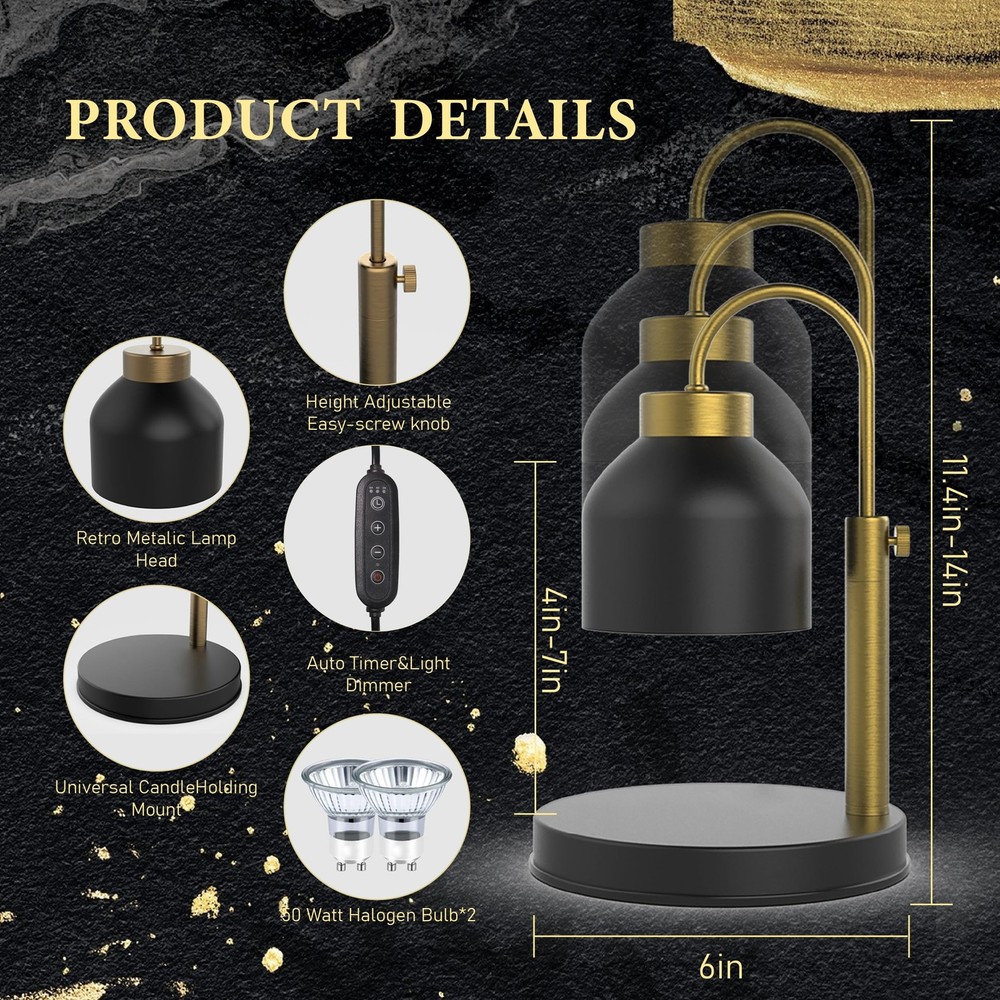 Candle Warmer Lamp, 2 Bulbs, Timer & Dimmer, Height Adjustable, Compatible wi...