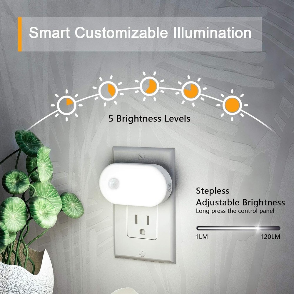 Stepless Adjustable LED Night Lights with Motion Sensor - Cold White Glow 2-Pack