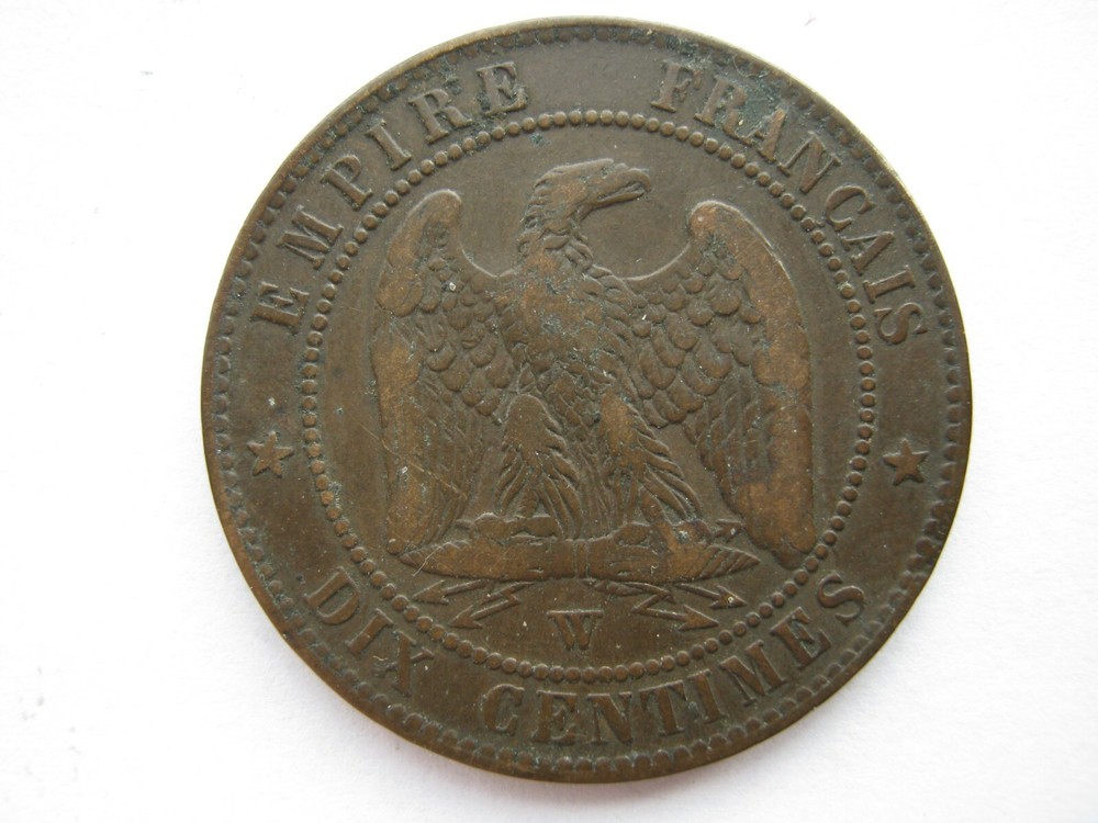 France 1854-W bronze 10 Centimes GF Obv gouges