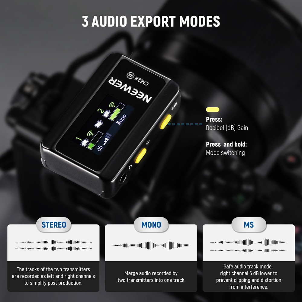 NEEWER CM28D Wireless Mic - 4GB, 9H Playtime, for iPhone/Android/PC