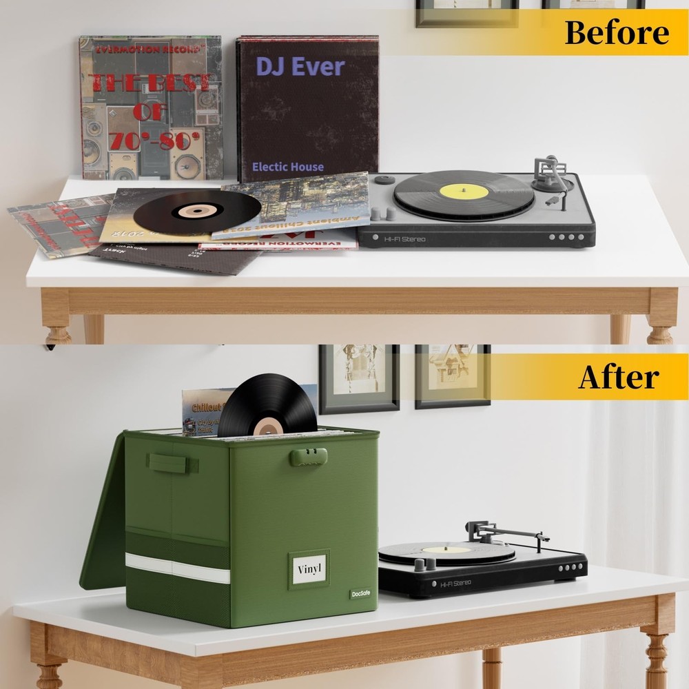 DocSafe Vinyl Record Storage Box with Lock, Fireproof＆Water Resistant Rec