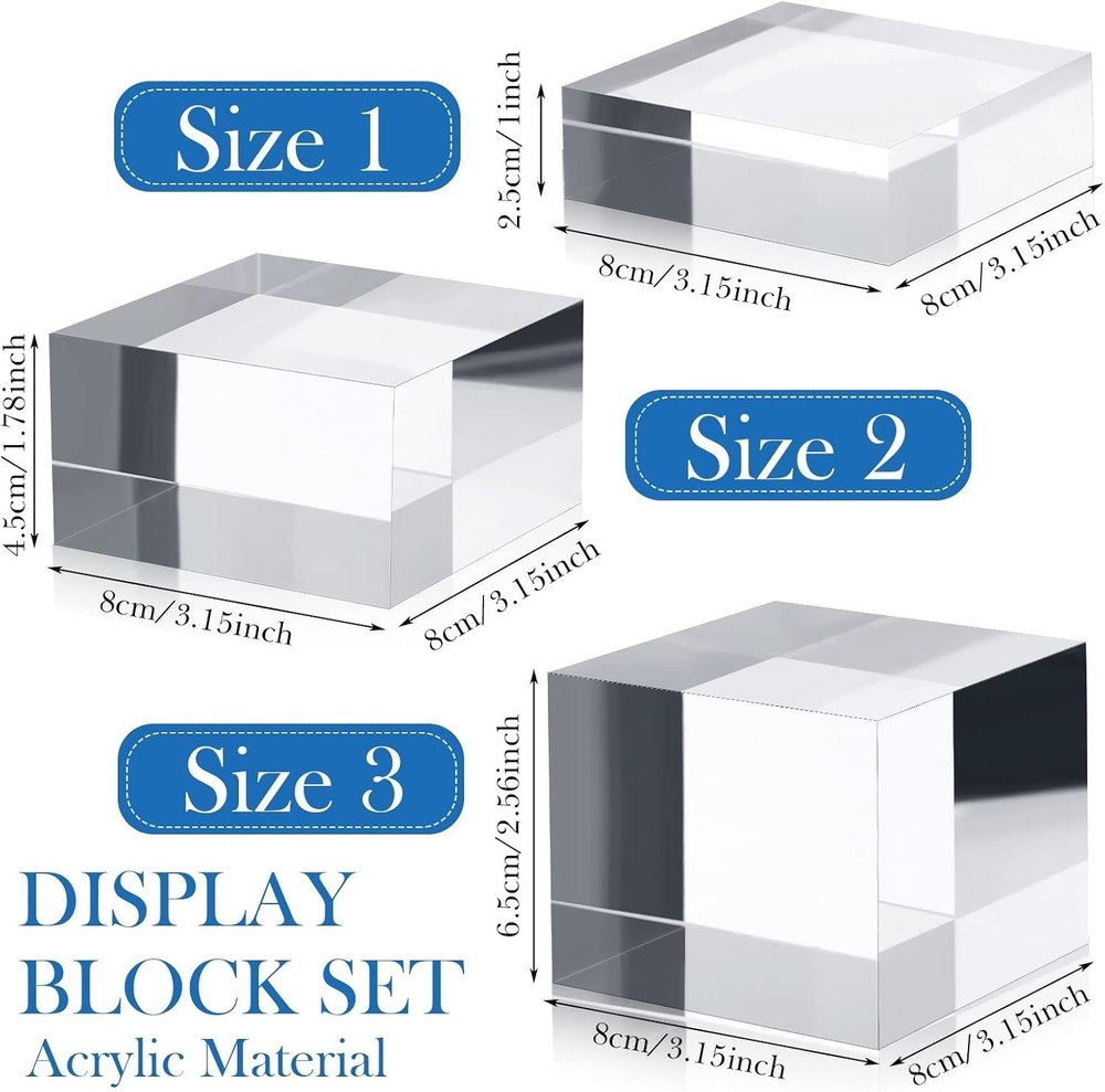 3 Pieces Acrylic Square Display Block Clear Polished Acrylic Cube Solid Display