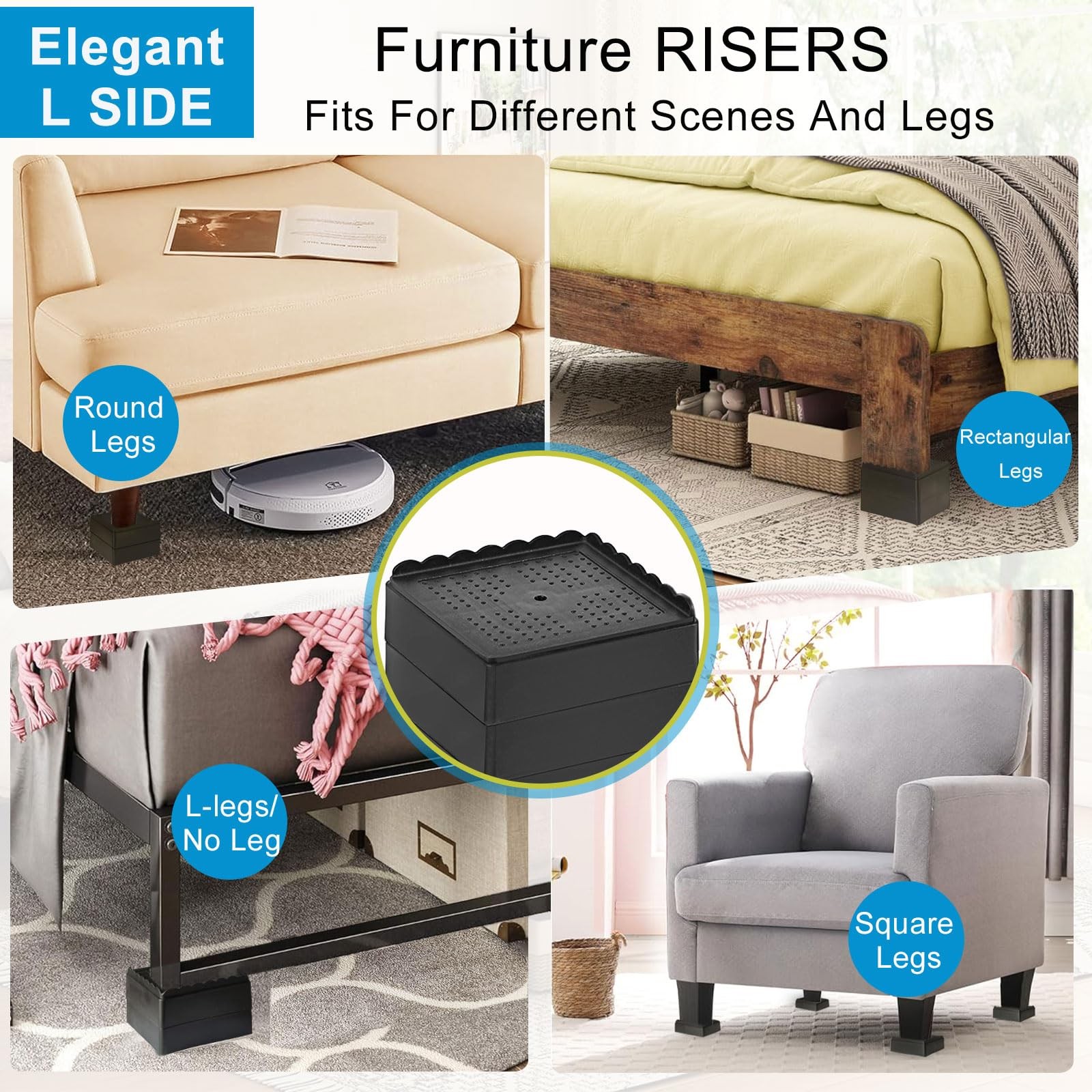 Bed Risers 1 inch, 2 inch, 3 inch, 4 inch Heavy Duty, Adjustable Furniture Riser