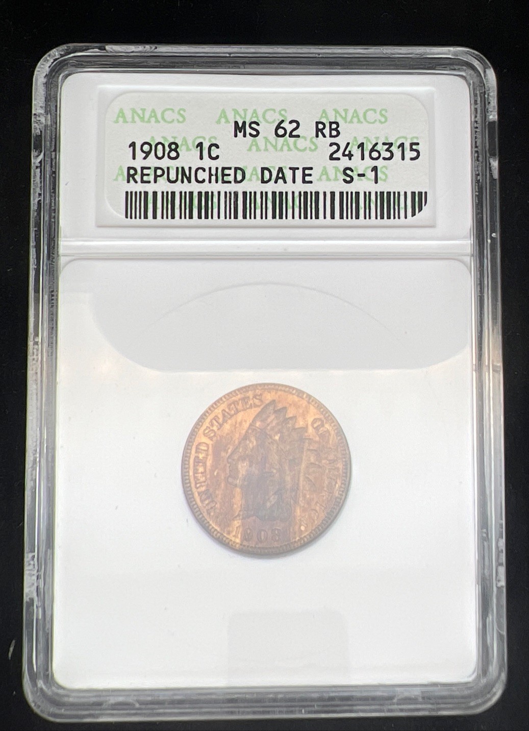 1908 Indian Head Cent ANACS Vintage Soap Box MS62RB Snow-1 RPD 🌈PQ