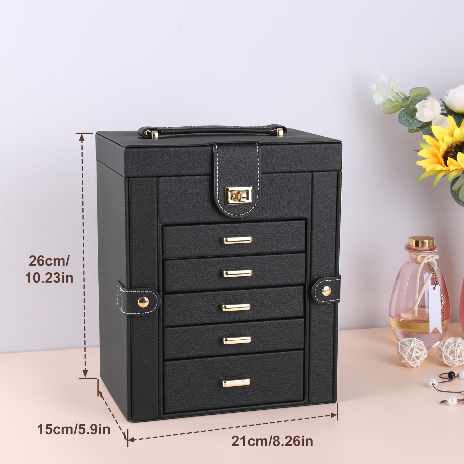 Kendal Black 6-Layer Large Leather Jewelry Box Watch Jewelry Organizer w/ Mirror