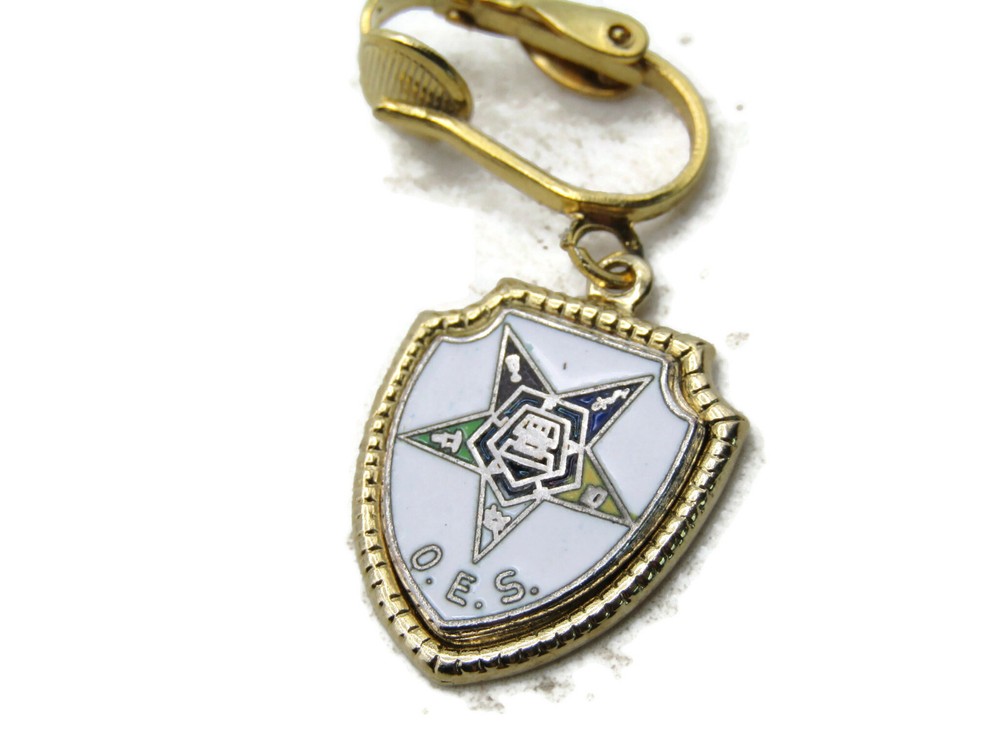 O.E.S. Lettered Crest Earring Set White & Gold Tone