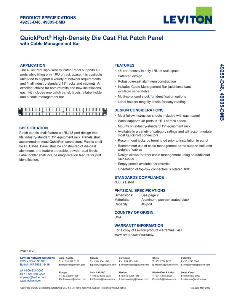 Leviton 49005-DMB High Density Cable Management Bar
