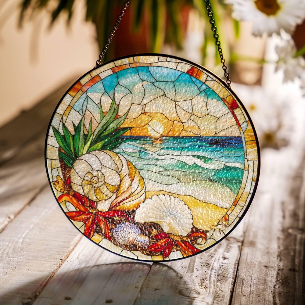 Seashell Stained Glass Suncatcher: Beach Window Hanging Home Decor