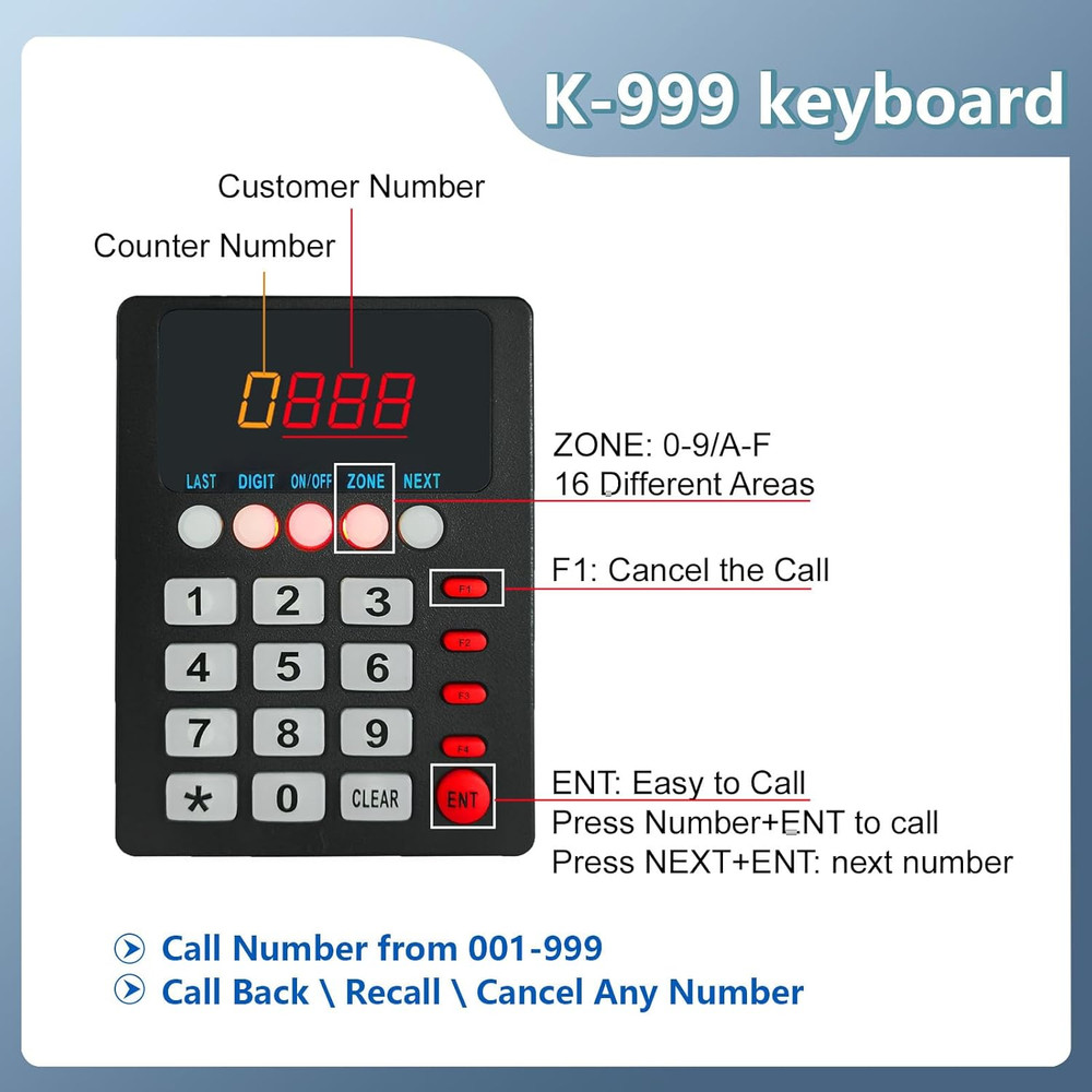Queue Wireless Calling System with 1 Keypad 1 Displays + Take a Number Ticket Di